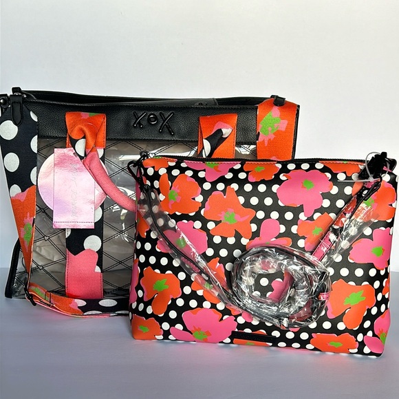 Betsey Johnson Handbags - 🆕 BETSEY JOHNSON Large Clear Tote Bag & Crossbody Set Black Floral Polka Dot